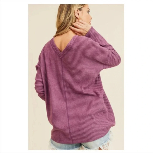 Oversized Plum Waffle Knit V-Neck Top | Soft Brushed Long Sleeve Pullover - Picture 7 of 7